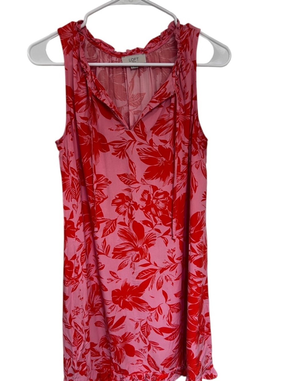 LOFT Pink with Red Floral Ruffle-Trim Sleeveless Shift Dress